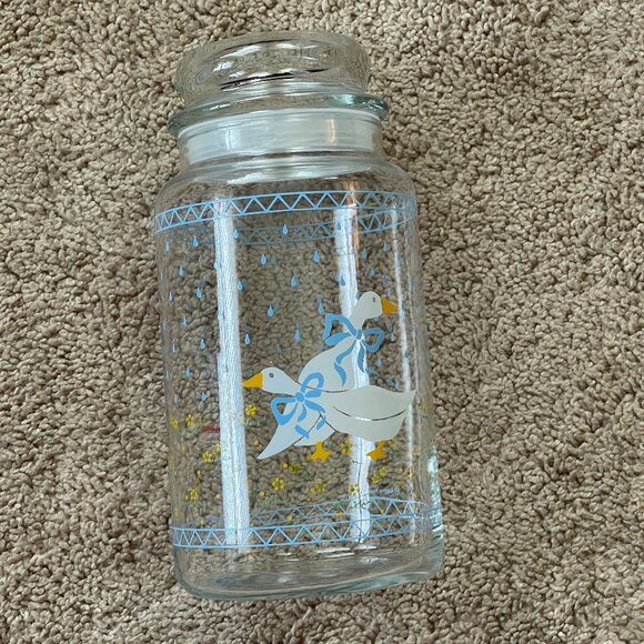 Vtg Set of Anchor Hocking Blue Ribbon Geese Goose Jar/Juice Pitcher Storage 80’s - Picture 1 of 6